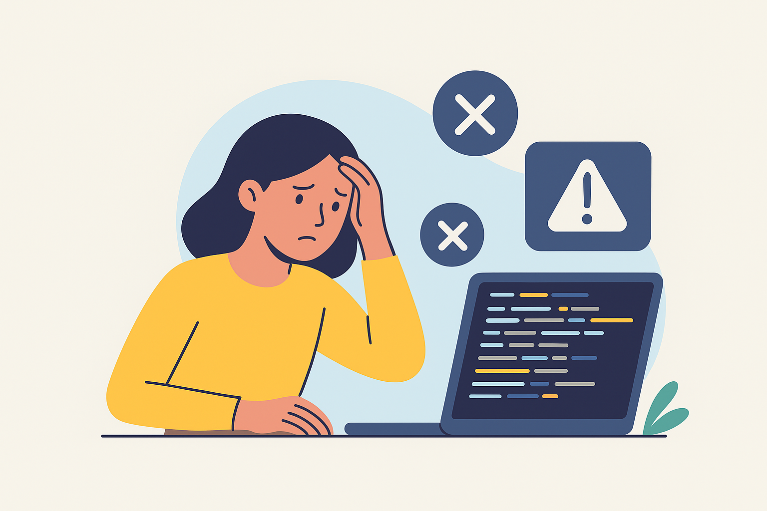 an AI generated image with a clipart style of a girl who looks stressed with her laptop in front of her surrounded by x's and an error sign.